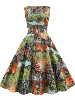 Clearance Retro Stage 1950s Forest Animal Allover Printed Dress Multicolor