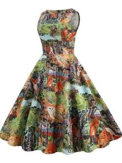 Clearance Retro Stage 1950s Forest Animal Allover Printed Dress Multicolor