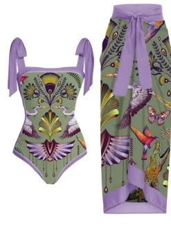 Hot Retro Stage 1950s Forest Animals Lace-up Swimsuit & Cover-up Purple