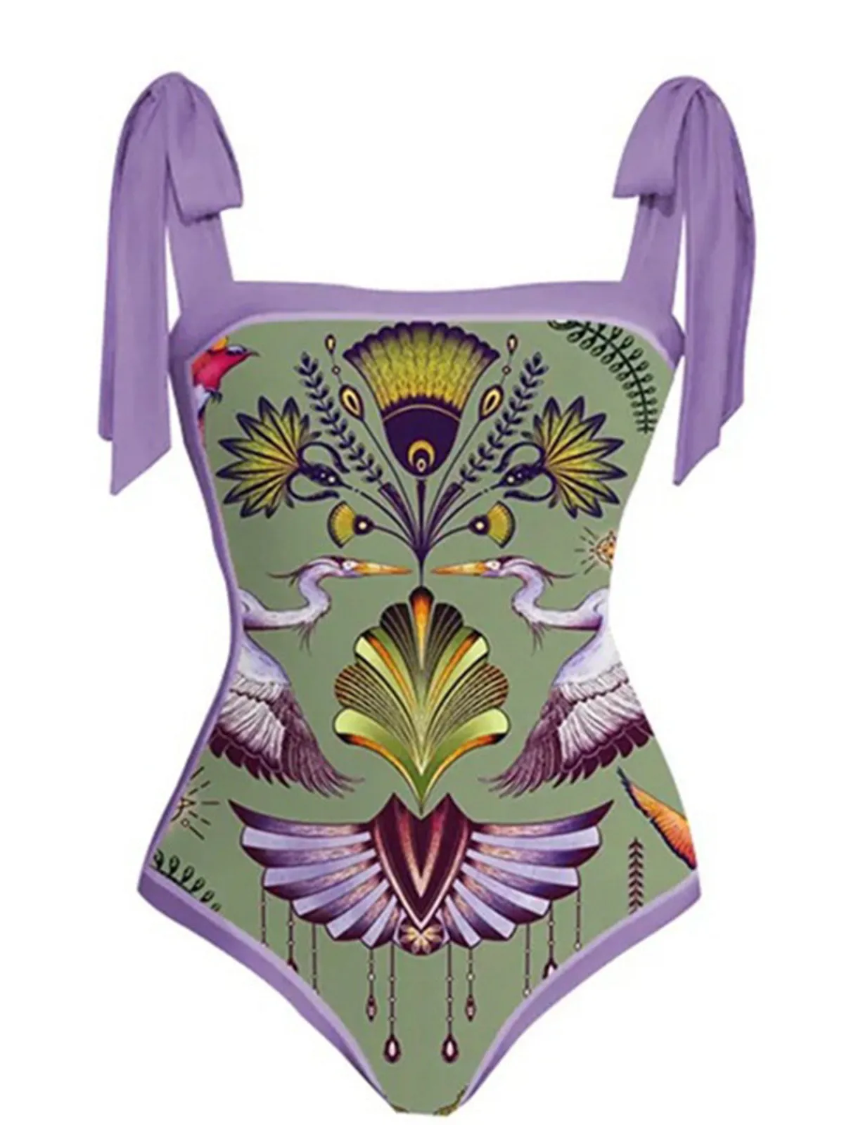 Hot Retro Stage 1950s Forest Animals Lace-up Swimsuit & Cover-up Purple