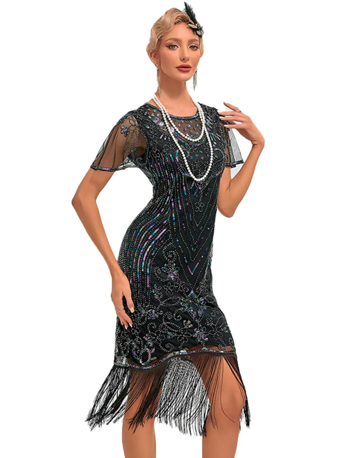 Sale Retro Stage 1920s Fringed 3D Beaded Dress