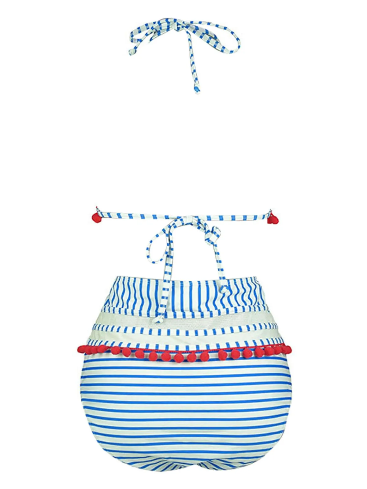 Online Retro Stage 1970s Fur Ball Pendant Tassel Striped Swimsuit