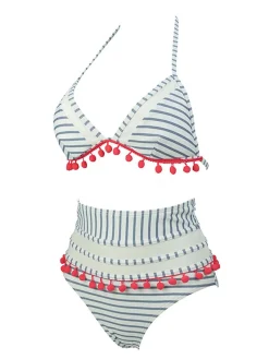 Online Retro Stage 1970s Fur Ball Pendant Tassel Striped Swimsuit
