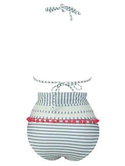 Online Retro Stage 1970s Fur Ball Pendant Tassel Striped Swimsuit