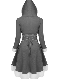 Sale Retro Stage 1950s Furry Patchwork Solid Lace-up Dress