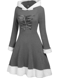 Sale Retro Stage 1950s Furry Patchwork Solid Lace-up Dress
