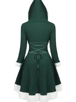 Sale Retro Stage 1950s Furry Patchwork Solid Lace-up Dress