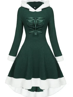 Sale Retro Stage 1950s Furry Patchwork Solid Lace-up Dress