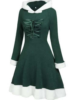 Sale Retro Stage 1950s Furry Patchwork Solid Lace-up Dress