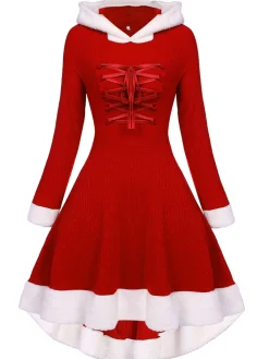 Sale Retro Stage 1950s Furry Patchwork Solid Lace-up Dress