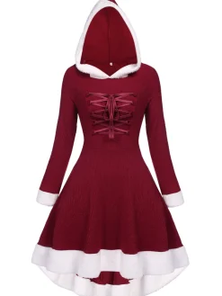 Sale Retro Stage 1950s Furry Patchwork Solid Lace-up Dress