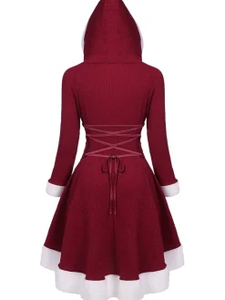Sale Retro Stage 1950s Furry Patchwork Solid Lace-up Dress
