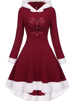 Sale Retro Stage 1950s Furry Patchwork Solid Lace-up Dress