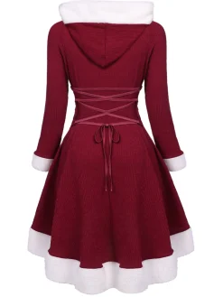 Sale Retro Stage 1950s Furry Patchwork Solid Lace-up Dress