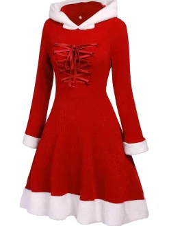 Sale Retro Stage 1950s Furry Patchwork Solid Lace-up Dress