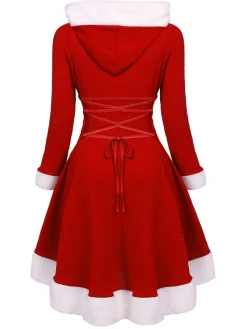 Sale Retro Stage 1950s Furry Patchwork Solid Lace-up Dress