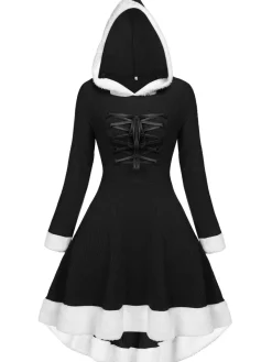 Sale Retro Stage 1950s Furry Patchwork Solid Lace-up Dress