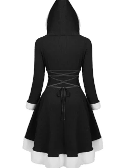 Sale Retro Stage 1950s Furry Patchwork Solid Lace-up Dress