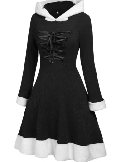 Sale Retro Stage 1950s Furry Patchwork Solid Lace-up Dress