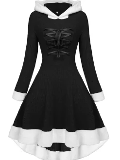 Sale Retro Stage 1950s Furry Patchwork Solid Lace-up Dress