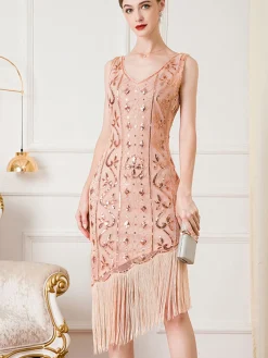 Best Retro Stage 1920s Gatsby Sequins Tassel Oblique Hem Dress