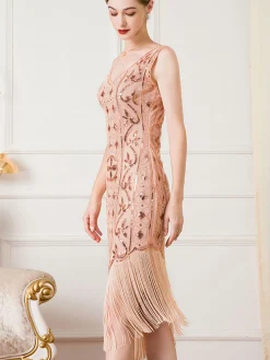 Best Retro Stage 1920s Gatsby Sequins Tassel Oblique Hem Dress