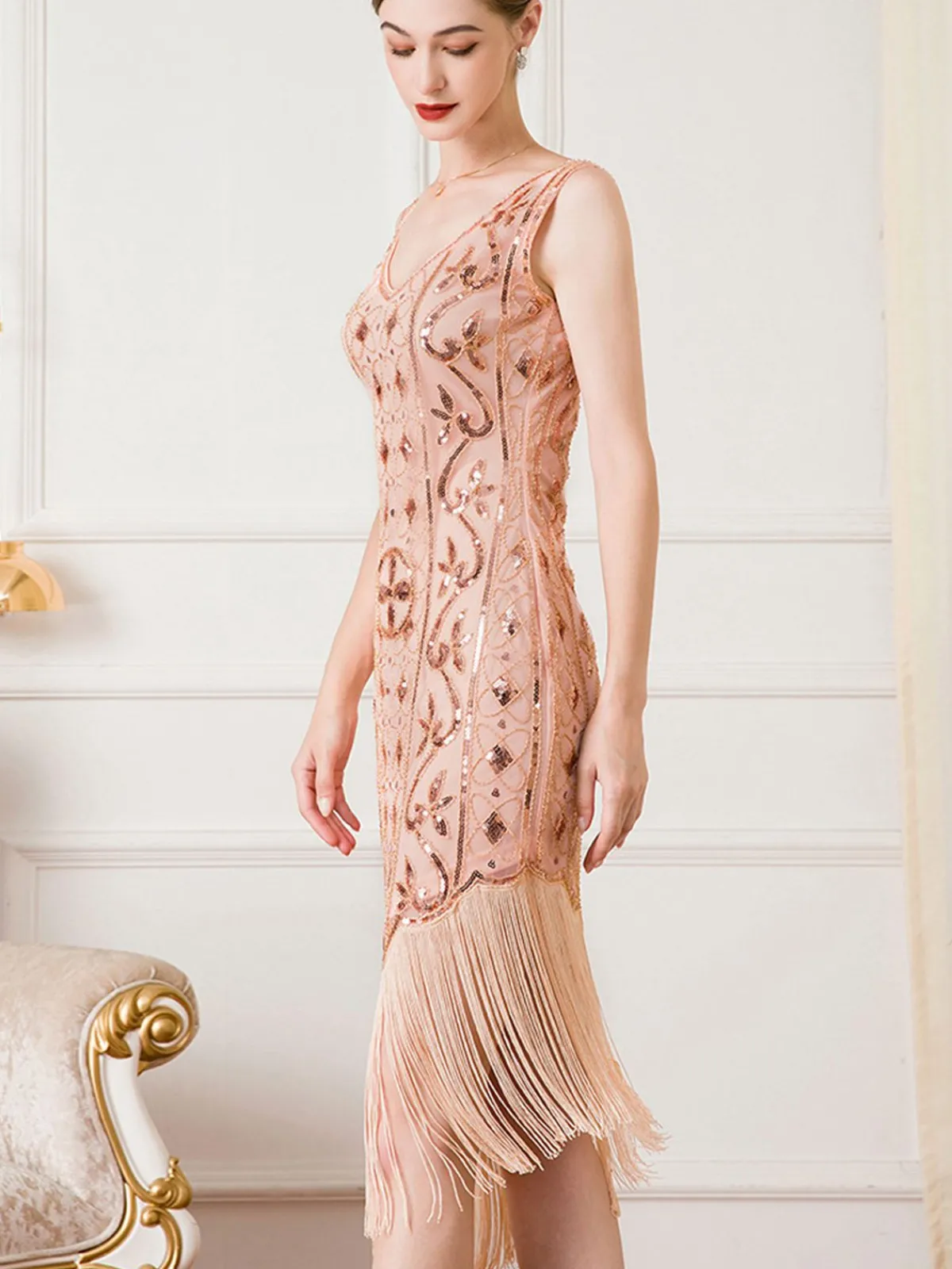 Best Retro Stage 1920s Gatsby Sequins Tassel Oblique Hem Dress