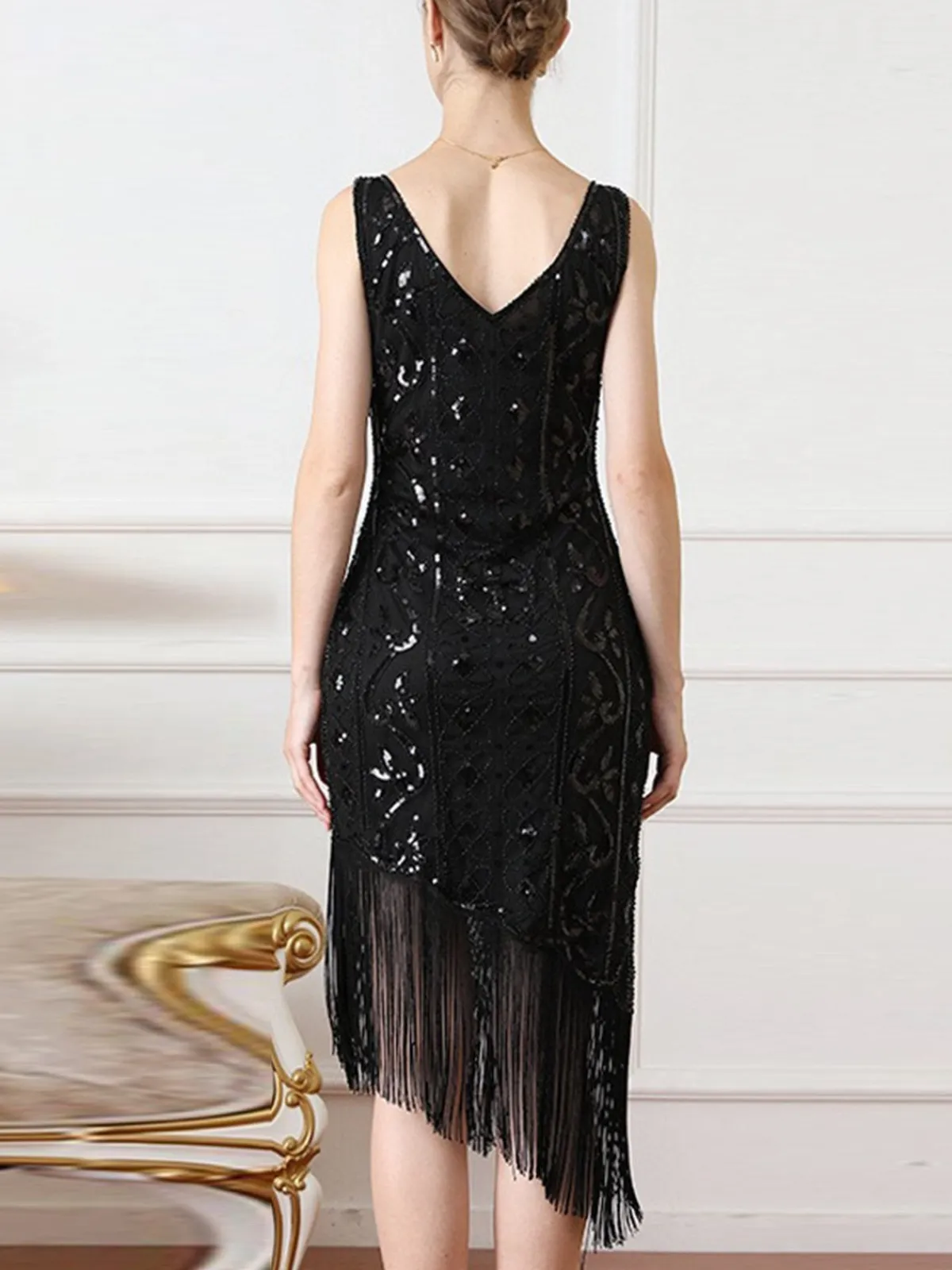 Best Retro Stage 1920s Gatsby Sequins Tassel Oblique Hem Dress