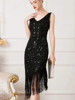 Best Retro Stage 1920s Gatsby Sequins Tassel Oblique Hem Dress