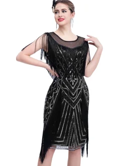 Best Retro Stage 1920s Gatsby Sheer Neck Tassel Sequins Dress