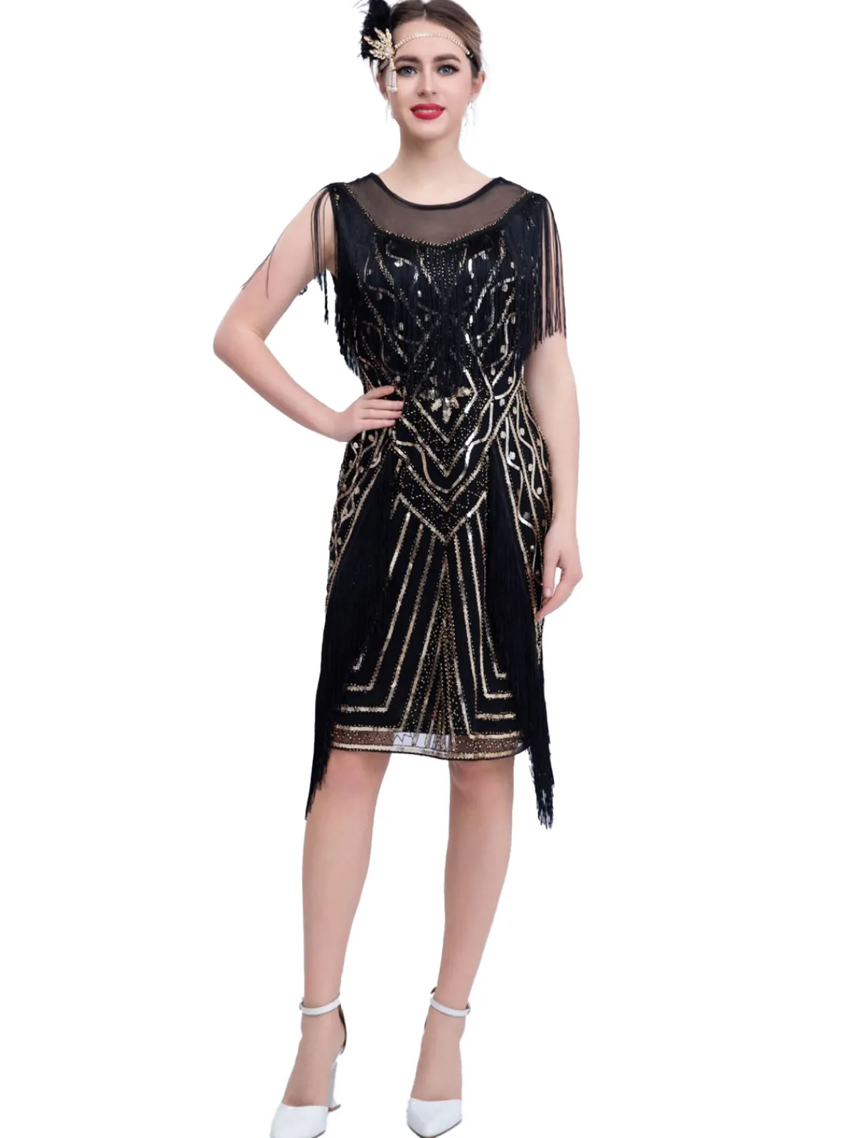 Best Retro Stage 1920s Gatsby Sheer Neck Tassel Sequins Dress