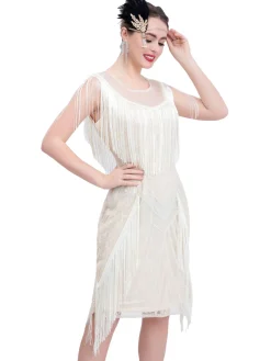 Best Retro Stage 1920s Gatsby Sheer Neck Tassel Sequins Dress
