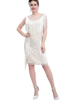 Best Retro Stage 1920s Gatsby Sheer Neck Tassel Sequins Dress