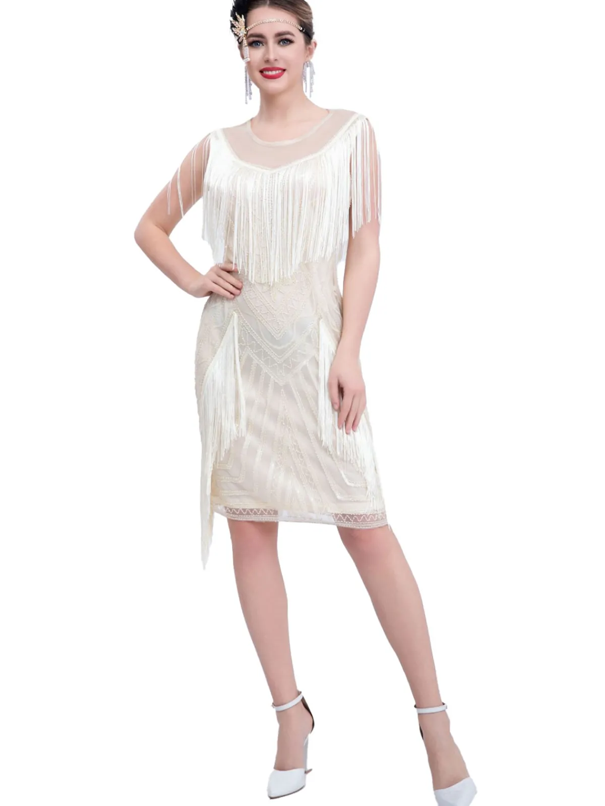 Best Retro Stage 1920s Gatsby Sheer Neck Tassel Sequins Dress