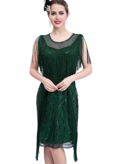 Best Retro Stage 1920s Gatsby Sheer Neck Tassel Sequins Dress
