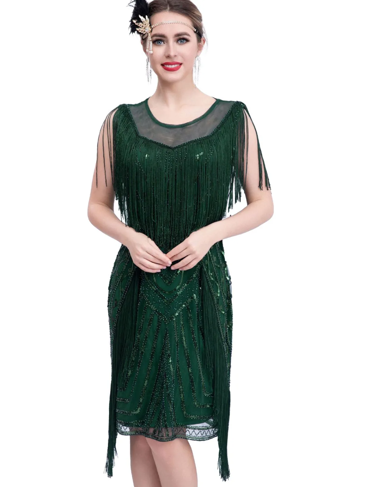 Best Retro Stage 1920s Gatsby Sheer Neck Tassel Sequins Dress