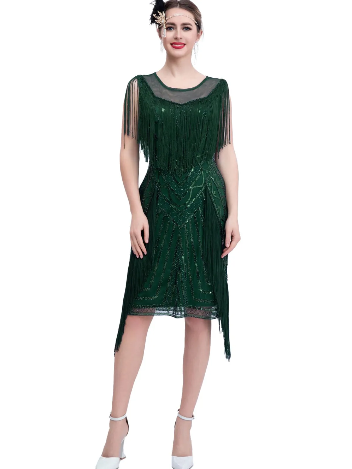 Best Retro Stage 1920s Gatsby Sheer Neck Tassel Sequins Dress