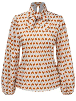 Hot Retro Stage 1950s Geometric Pattern Tie Neck Blouse Orange&Blue