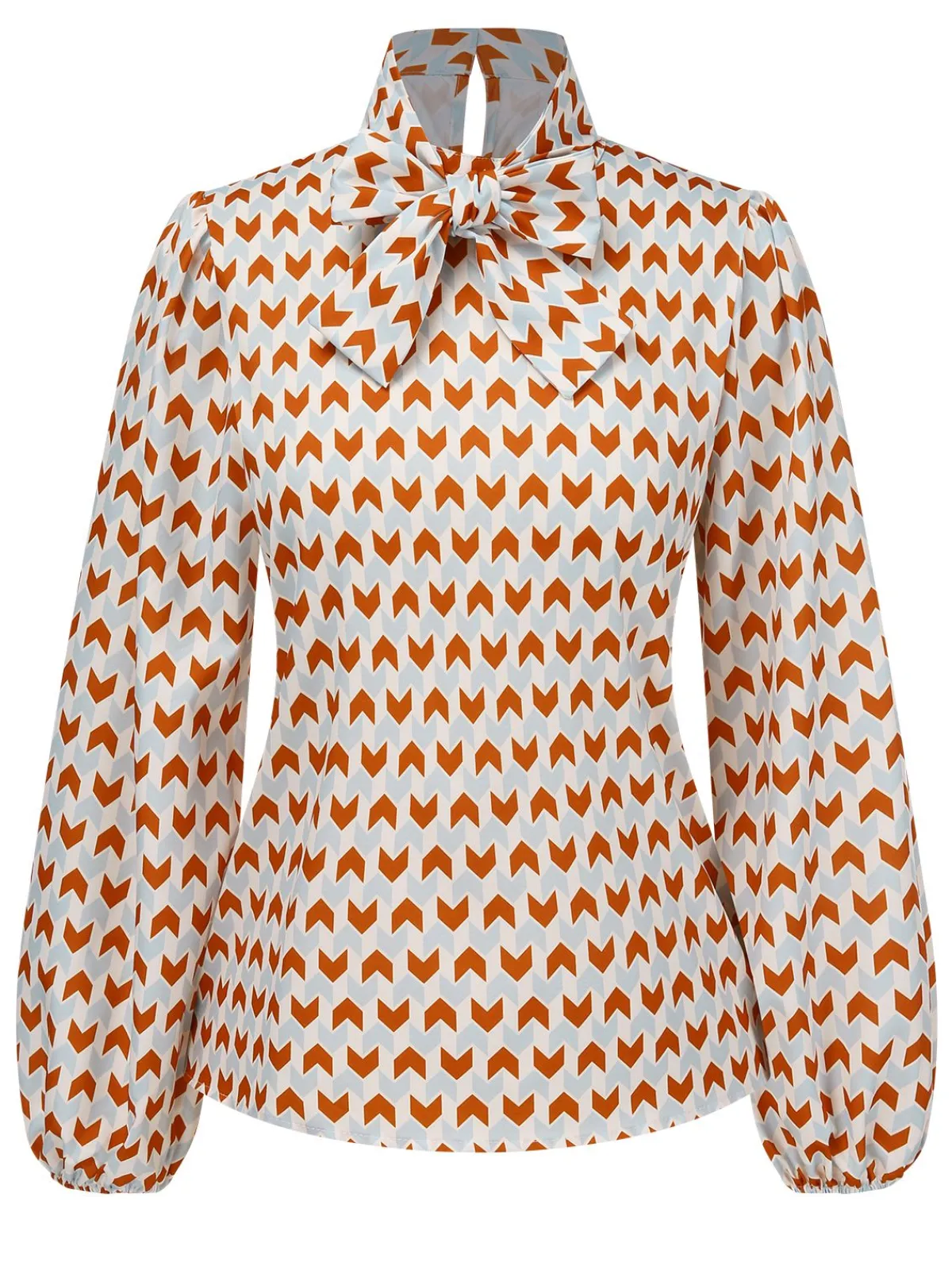 Hot Retro Stage 1950s Geometric Pattern Tie Neck Blouse Orange&Blue