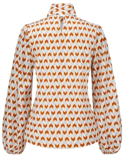 Hot Retro Stage 1950s Geometric Pattern Tie Neck Blouse Orange&Blue