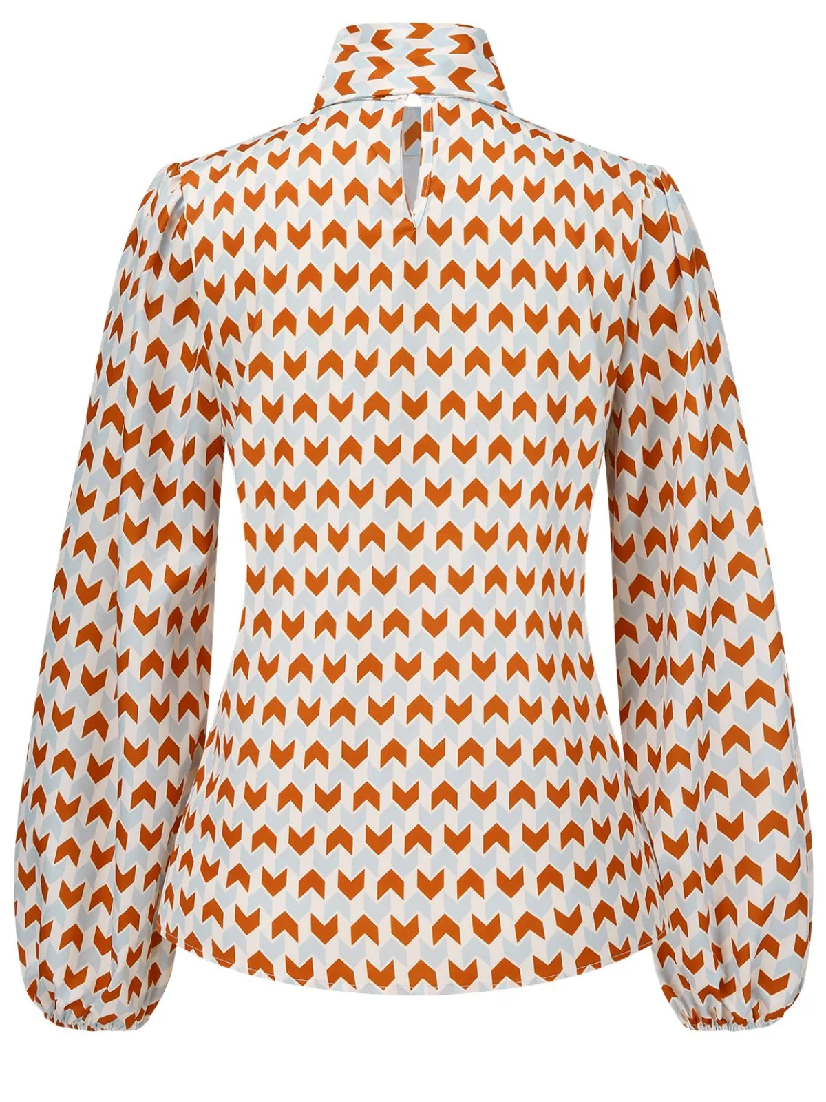 Hot Retro Stage 1950s Geometric Pattern Tie Neck Blouse Orange&Blue