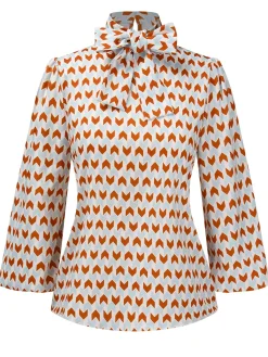 Hot Retro Stage 1950s Geometric Pattern Tie Neck Blouse Orange&Blue