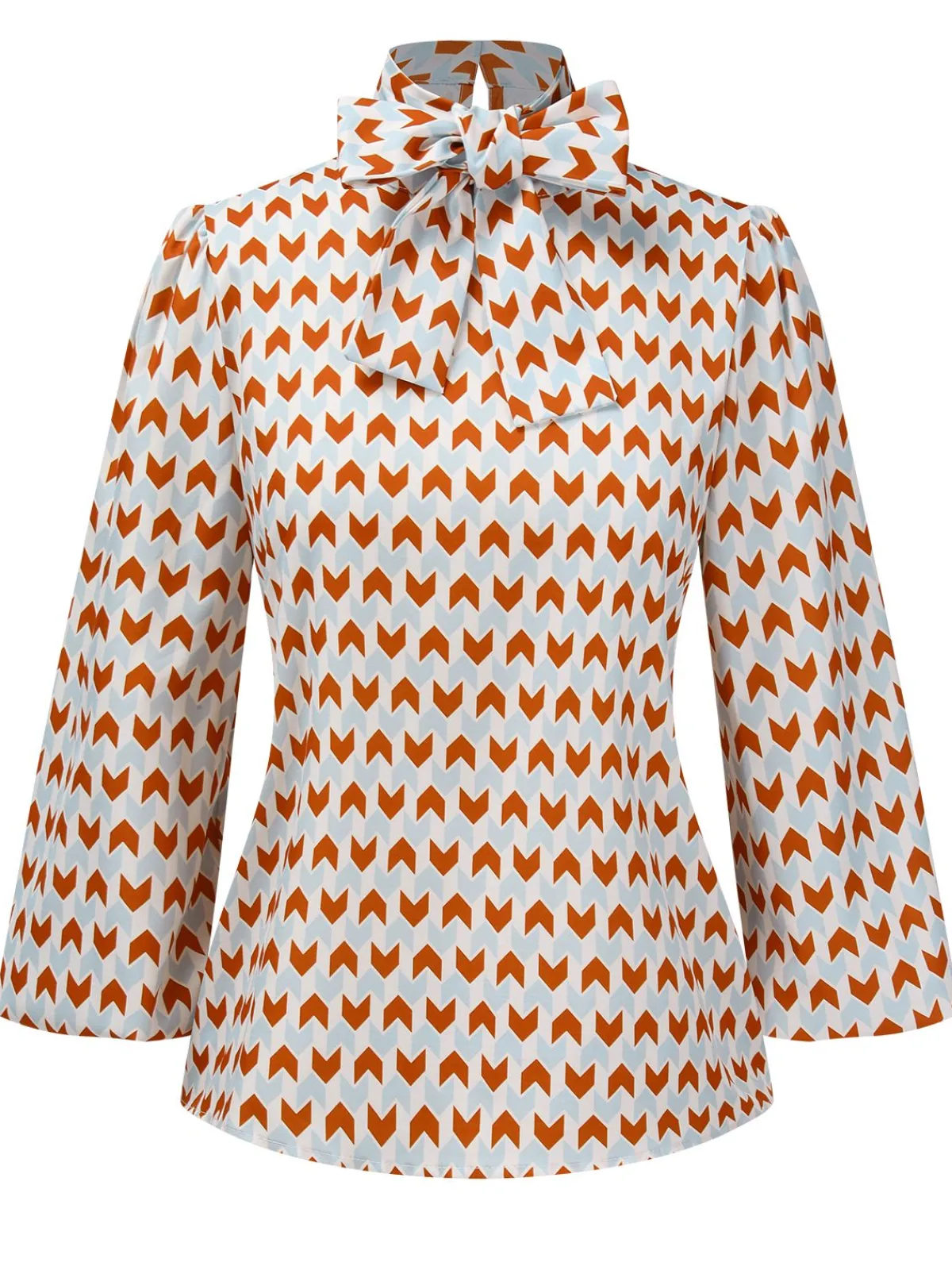 Hot Retro Stage 1950s Geometric Pattern Tie Neck Blouse Orange&Blue