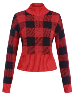 Clearance Retro Stage 1950s Gingham Plaid Christmas Sweater Wine Red
