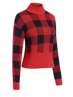 Clearance Retro Stage 1950s Gingham Plaid Christmas Sweater Wine Red