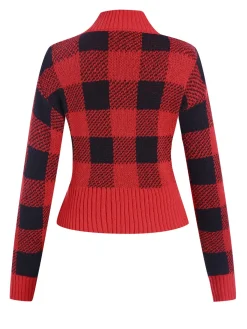 Clearance Retro Stage 1950s Gingham Plaid Christmas Sweater Wine Red