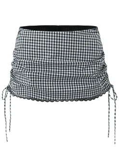 Sale Retro Stage 1970s Gingham Plaid Lace Bow Skirt