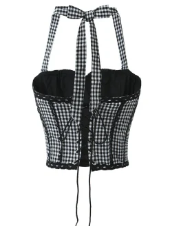 Hot Retro Stage 1950s Gingham Plaid Lace-Up Halter Crop Camisole