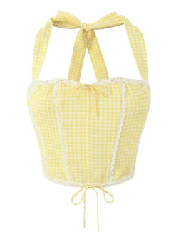 Hot Retro Stage 1950s Gingham Plaid Lace-Up Halter Crop Camisole