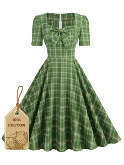 Discount Retro Stage 1950s Gingham Plaid Square Neck Flared Dress